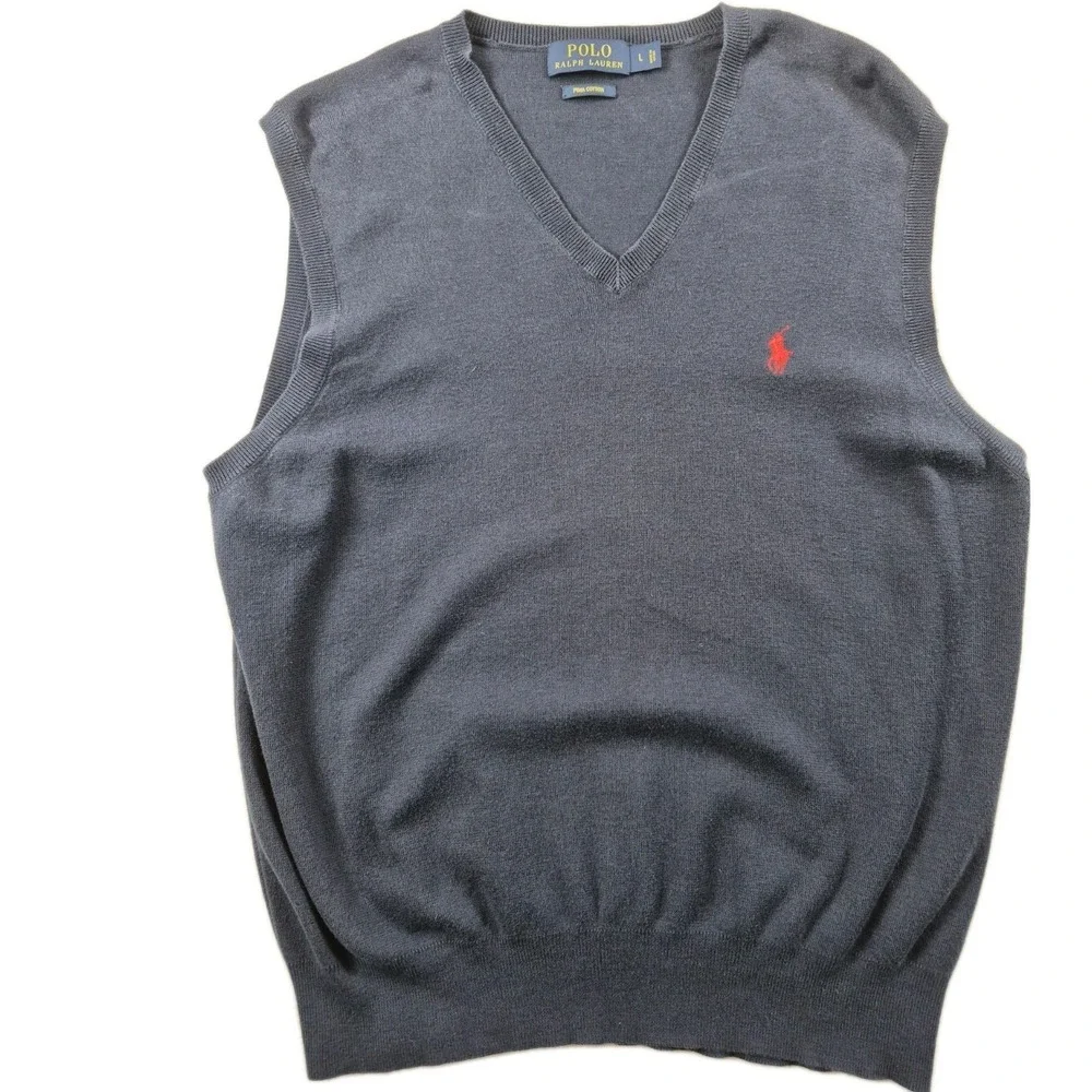 Polo Ralph Lauren Men's Large Pima Cotton V-Neck Sweater Vest Navy Blue Red Logo